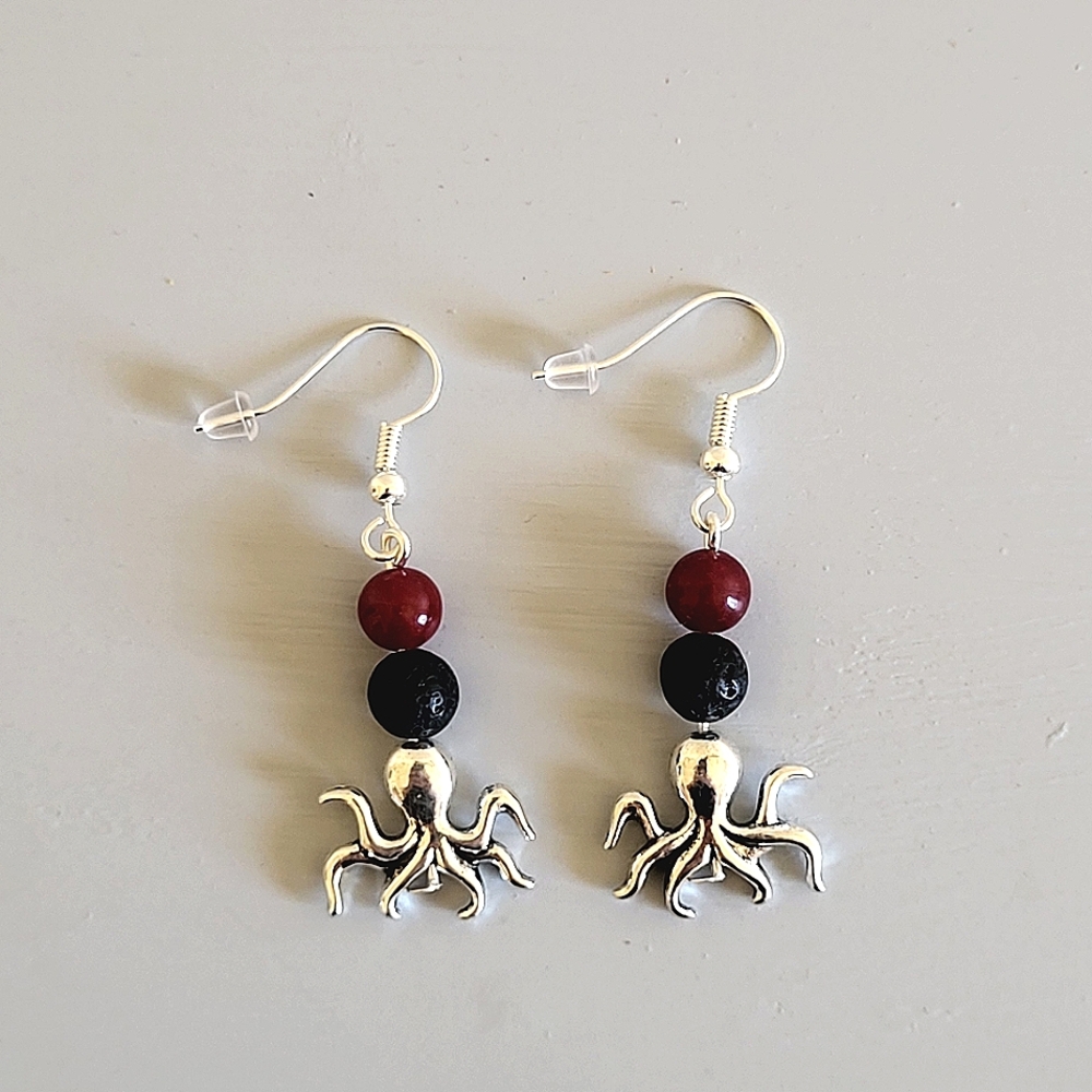 Silver Octopus Earrings with Red and Black Beads
